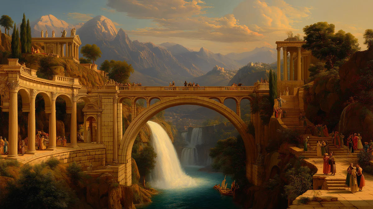 Classical Roman Bridge & Waterfall Landscape Mural Wallpaper - room preview 04