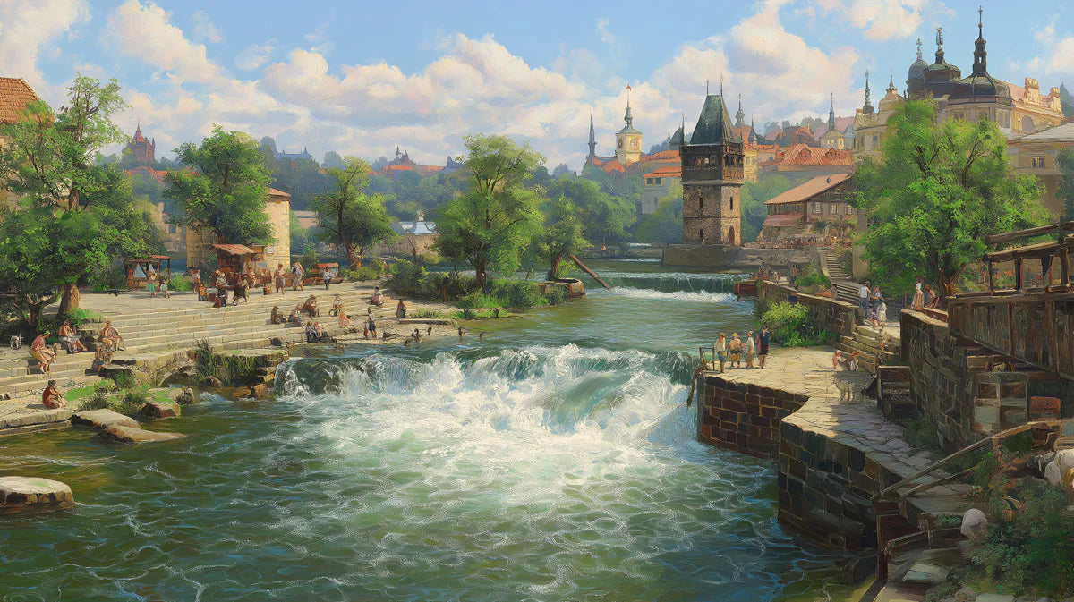Old European River Town Mural Wallpaper — Artistic Cityscape Mural Wallpaper - room preview 04
