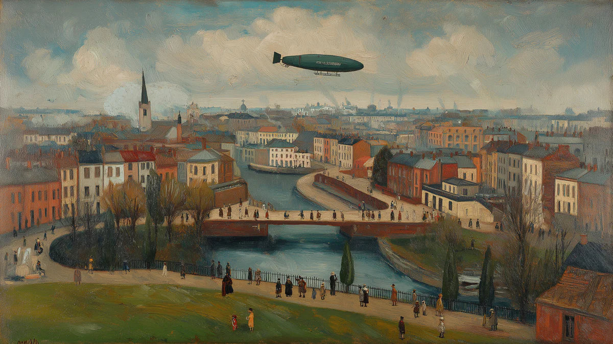 Vintage Zeppelin Cityscape Mural Wallpaper — Impressionist Style Mural Wallpaper - room preview 04