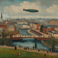 Vintage Zeppelin Cityscape Mural Wallpaper — Impressionist Style Mural Wallpaper - room preview 04