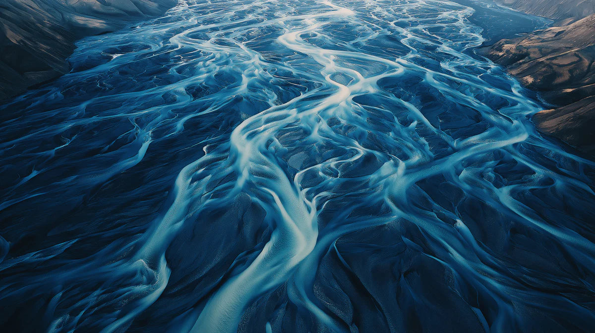 Glacial River Aerial Landscape Mural Wallpaper — Moody Blue Mural Wallpaper - room preview 04