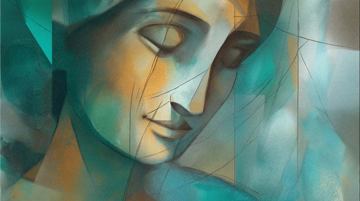 Abstract Cubist Portrait Mural Wallpaper in Teal and Ochre Mural Wallpaper - room preview 04