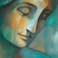 Abstract Cubist Portrait Mural Wallpaper in Teal and Ochre Mural Wallpaper - room preview 04