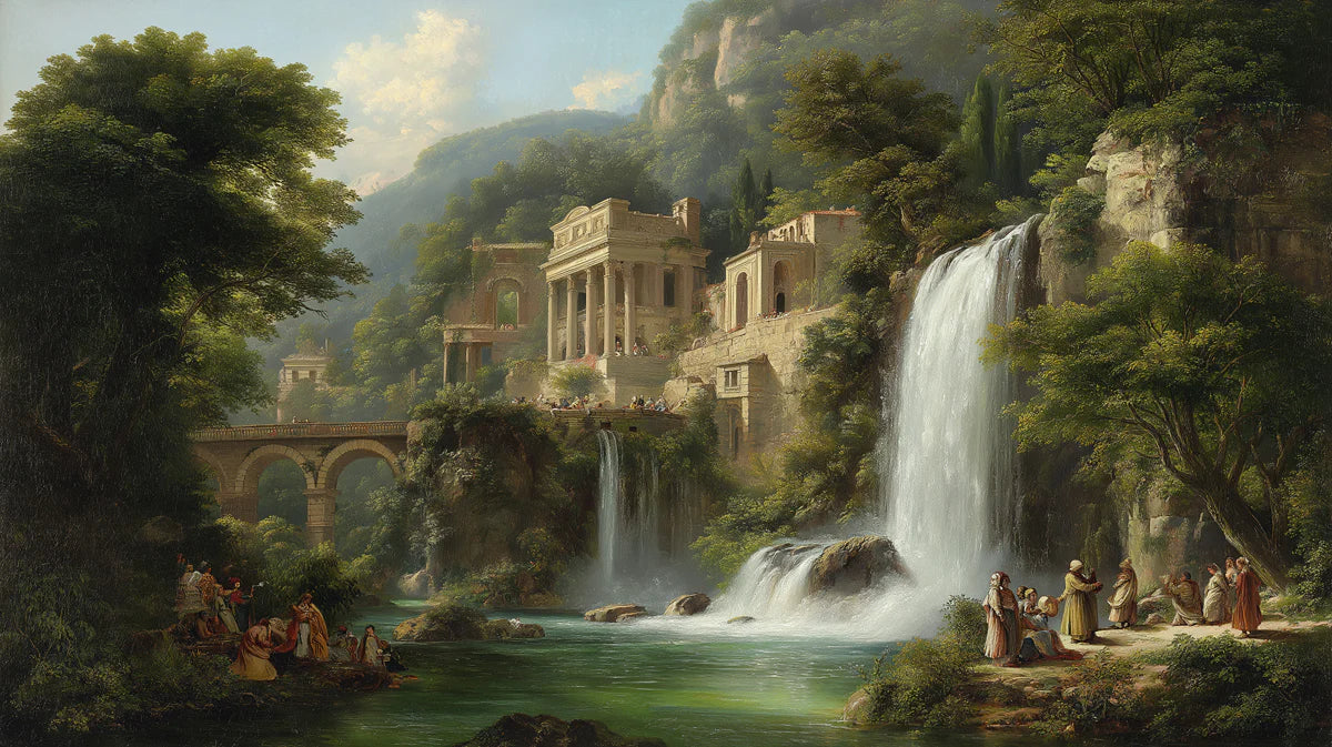 Classical Roman Ruins and Waterfall Landscape Mural Wallpaper - room preview 04