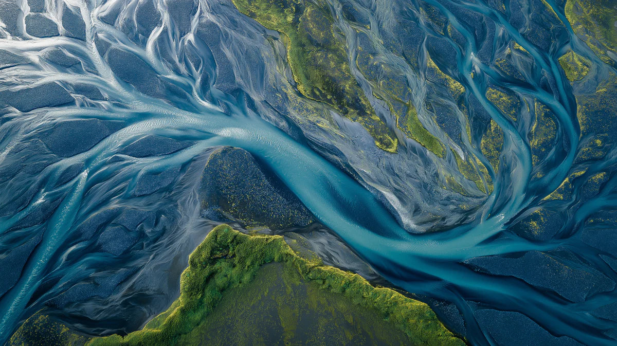 Glacial River Delta Mural Wallpaper — Aerial Nature Pattern Mural Wallpaper - room preview 04