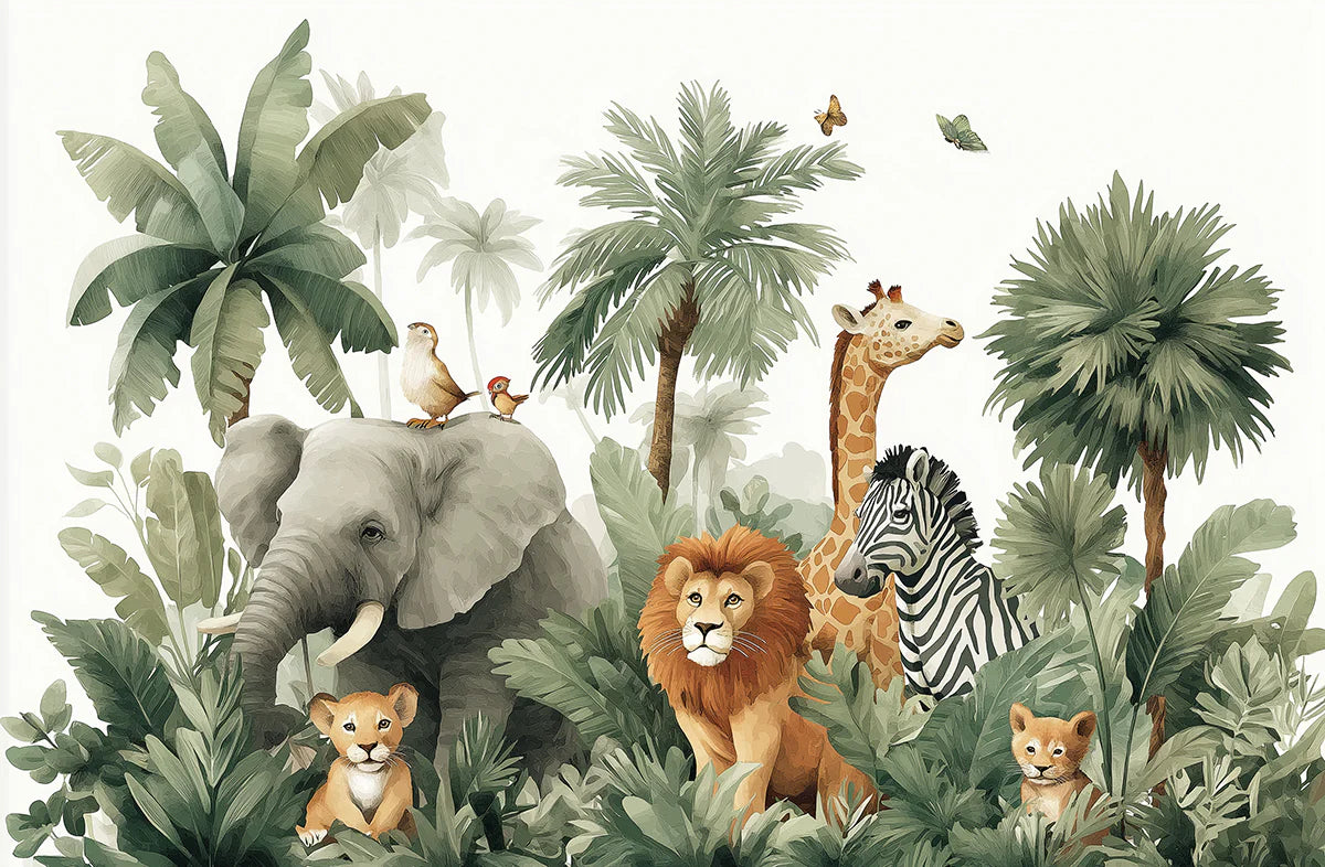 Safari Friends Mural Wallpaper — Playful Jungle Animal Illustration Mural Wallpaper - room preview 04