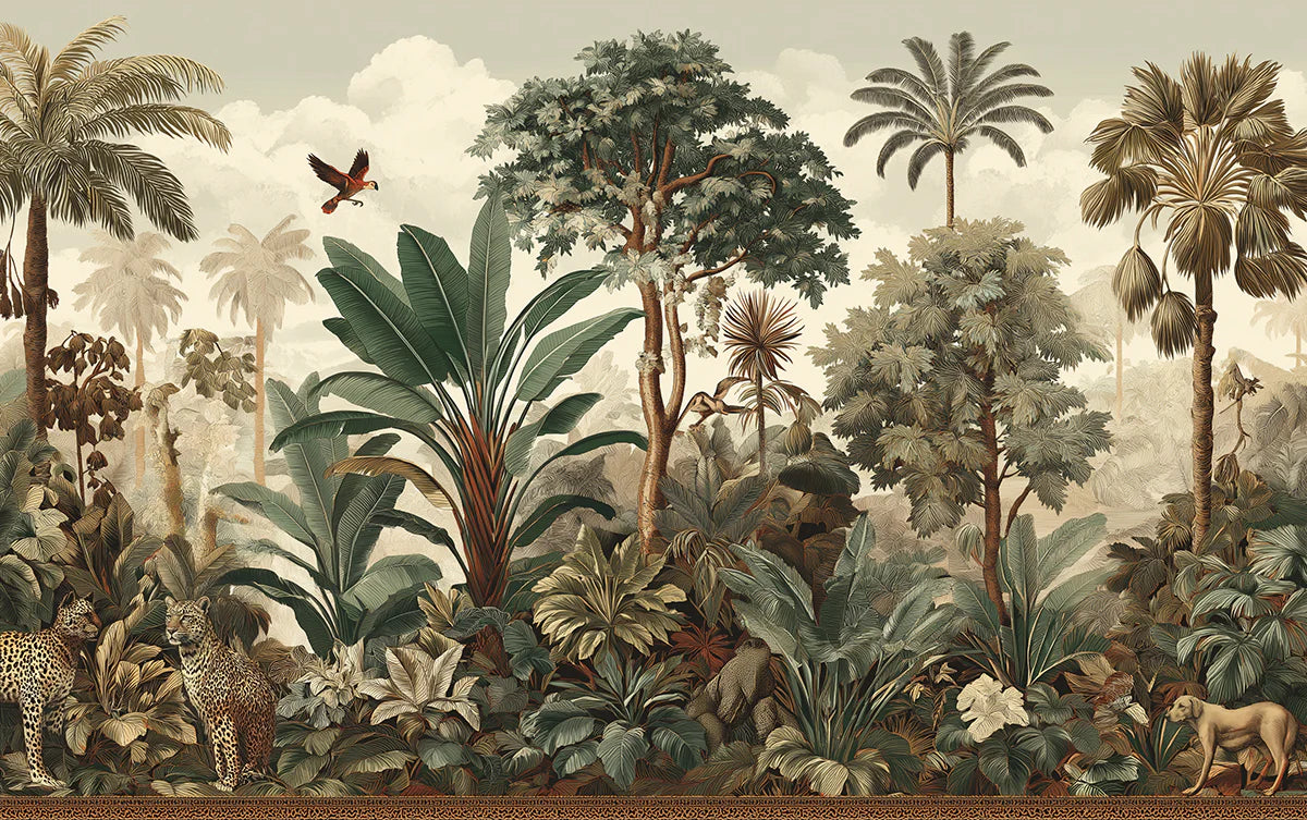 Vintage Tropical Jungle Mural Wallpaper — Antique Botanical Scene Mural Wallpaper - room preview 04