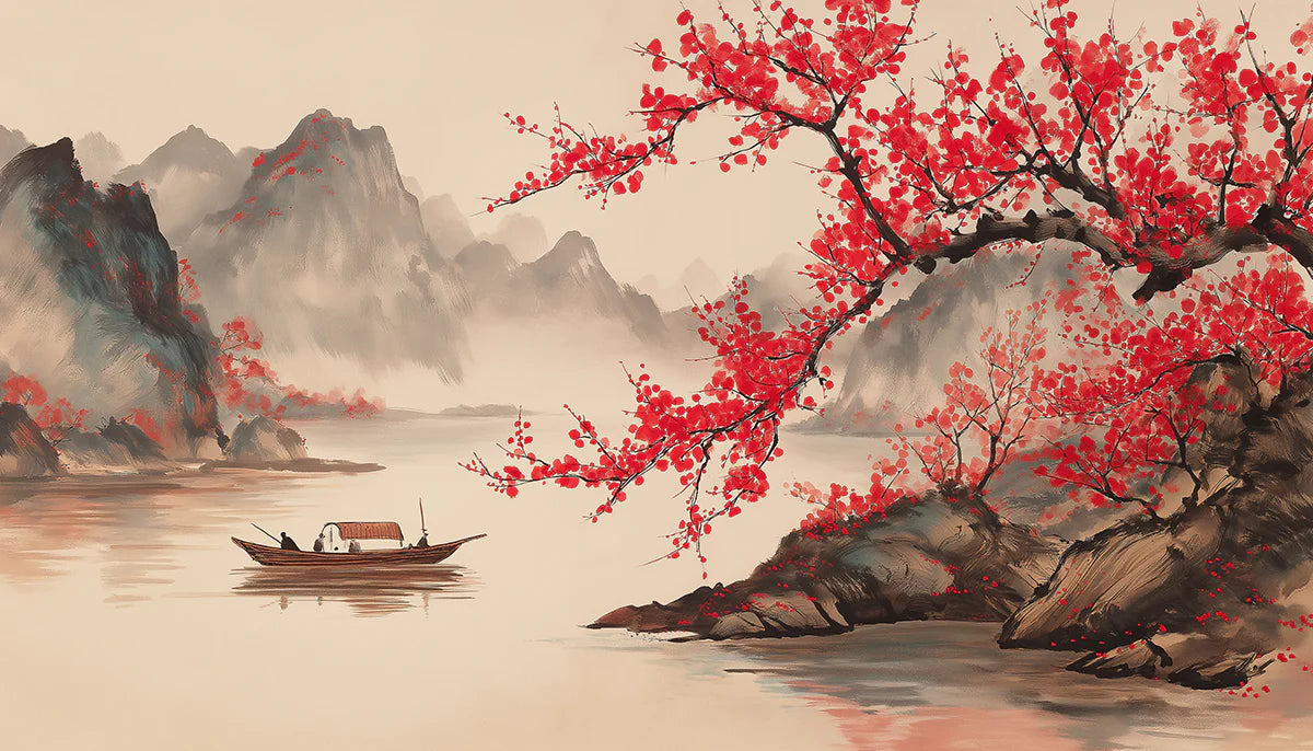 Red Plum Blossom Landscape Mural Wallpaper — Artistic River Scene Mural Wallpaper - room preview 04