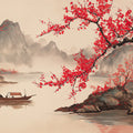 Red Plum Blossom Landscape Mural Wallpaper — Artistic River Scene Mural Wallpaper - room preview 04