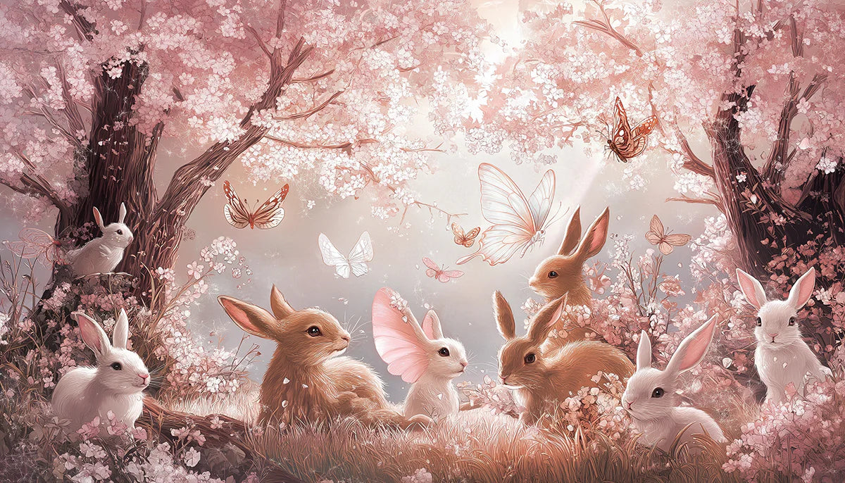Sakura Meadow Bunny Mural Wallpaper — Whimsical Woodland Scene Mural Wallpaper - room preview 04