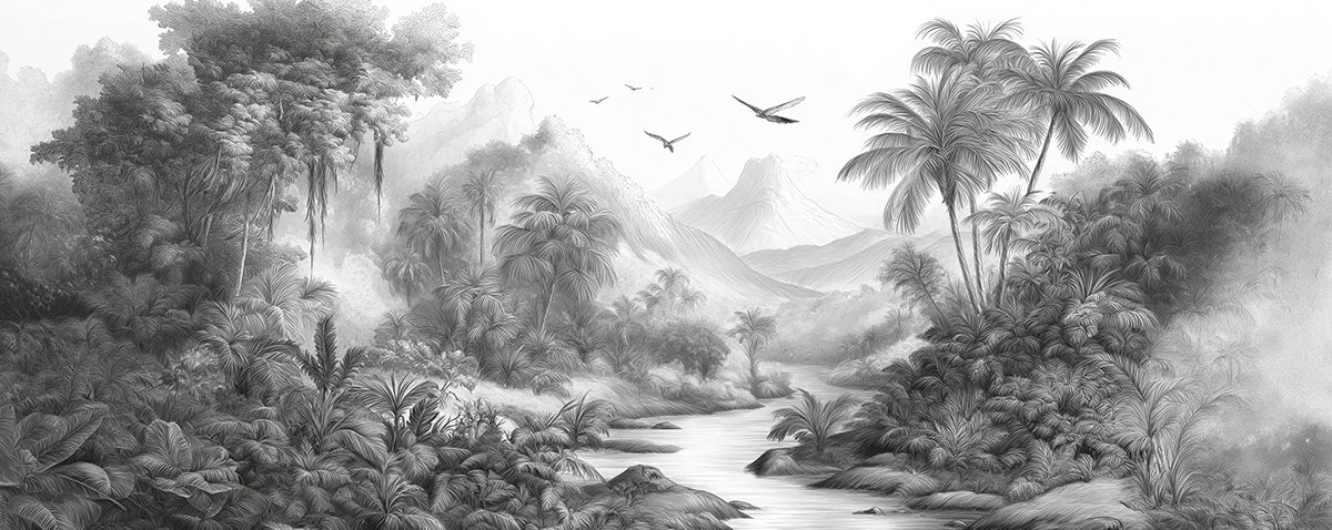 Monochrome Jungle River Mural Wallpaper — Hand-Drawn Tropical Scene Mural Wallpaper - room preview 04