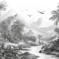 Monochrome Jungle River Mural Wallpaper — Hand-Drawn Tropical Scene Mural Wallpaper - room preview 04