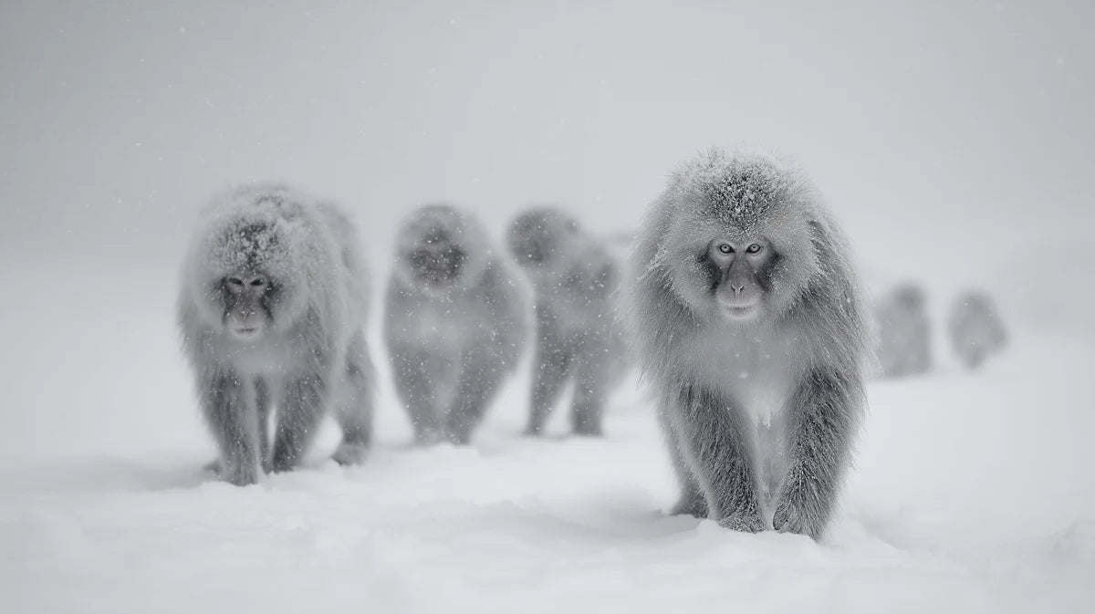 Snow Monkey Winter Landscape Mural Wallpaper — Minimalist Photography Mural Wallpaper - room preview 04