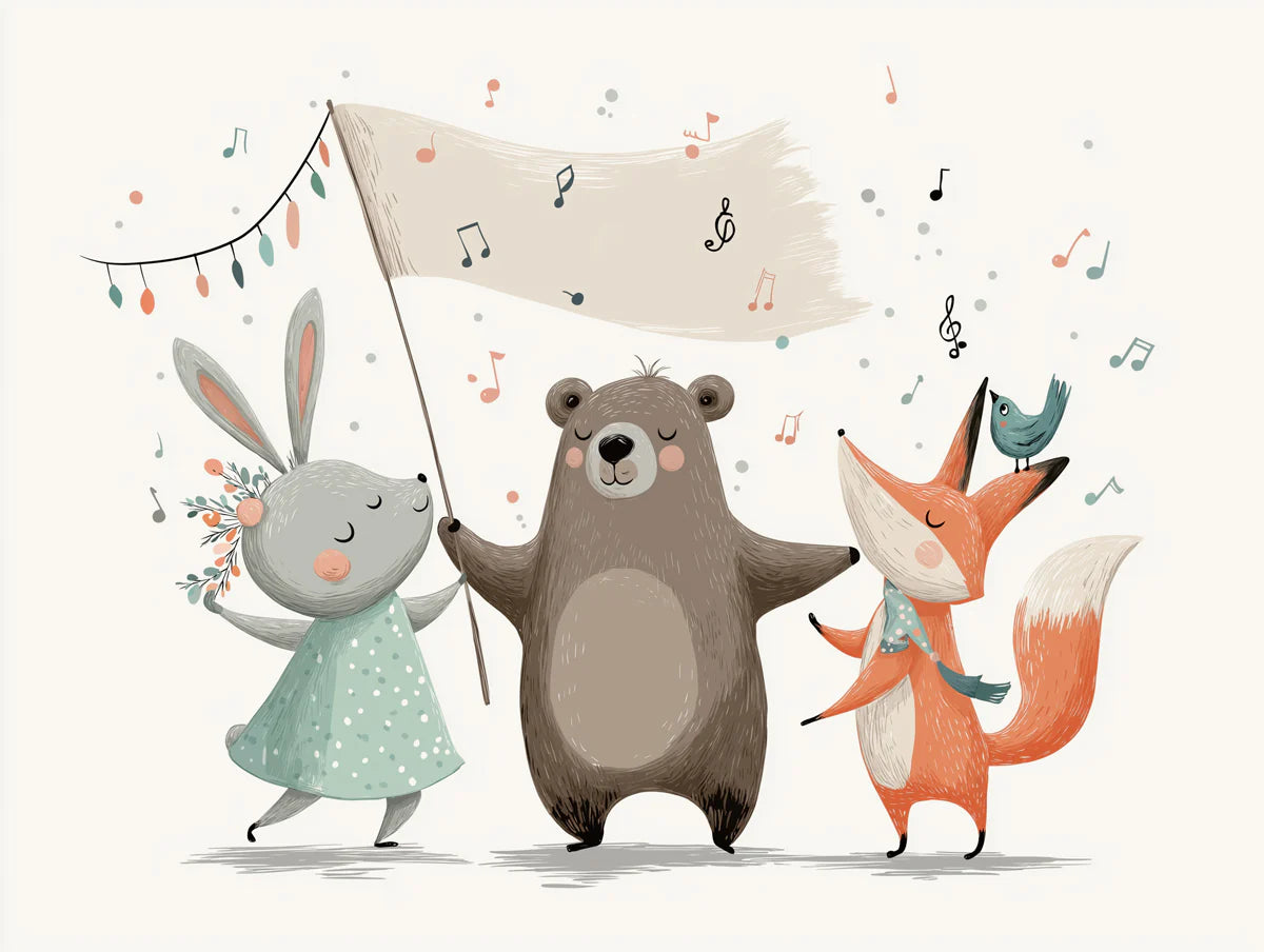 Forest Friends Parade Mural Wallpaper — Whimsical Children's Design Mural Wallpaper - room preview 04