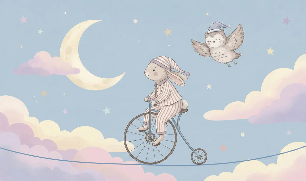 Bunny on Penny Farthing Night Sky Mural Wallpaper — Whimsical Style Mural Wallpaper - room preview 04