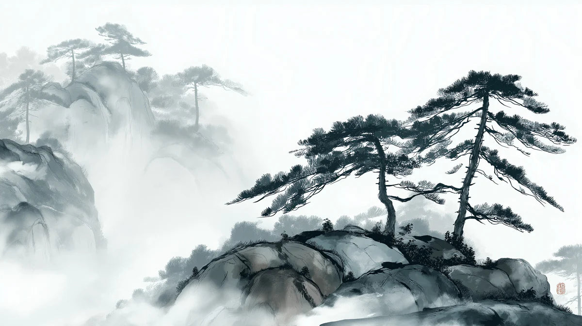 Ink Wash Mountain Mural Wallpaper — Traditional Zen Landscape Mural Wallpaper - room preview 04