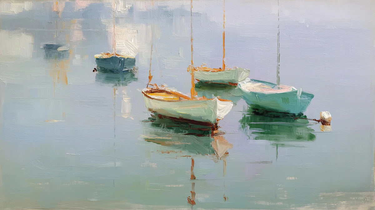 Impressionist Harbor Boats Mural Wallpaper — Soft Coastal Scene Mural Wallpaper - room preview 04