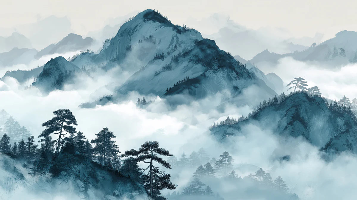 Misty Blue Mountain Range Mural Wallpaper — Artistic Ink Wash Mural Wallpaper - room preview 04