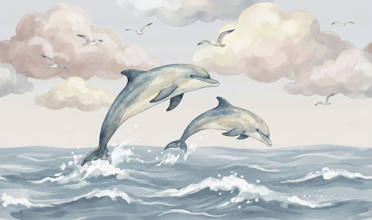Watercolor Jumping Dolphins Mural Wallpaper — Coastal Calm Mural Wallpaper - room preview 04