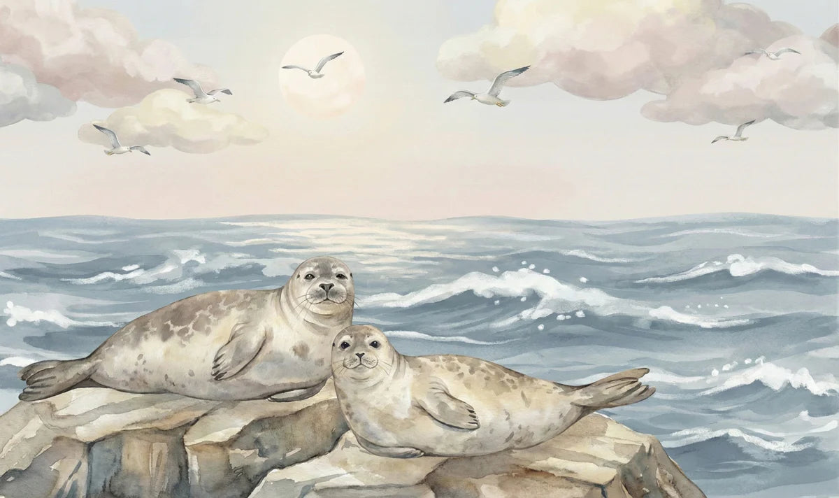 Watercolor Coastal Seals Mural Wallpaper — Soft Sunset Scene Mural Wallpaper - room preview 04