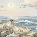 Watercolor Coastal Seals Mural Wallpaper — Soft Sunset Scene Mural Wallpaper - room preview 04