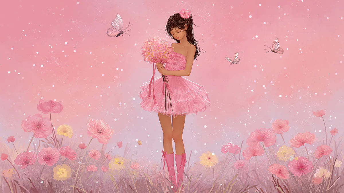 Ballerina Girl with Floral Meadow Mural Wallpaper — Whimsical Pink Mural Wallpaper - room preview 04