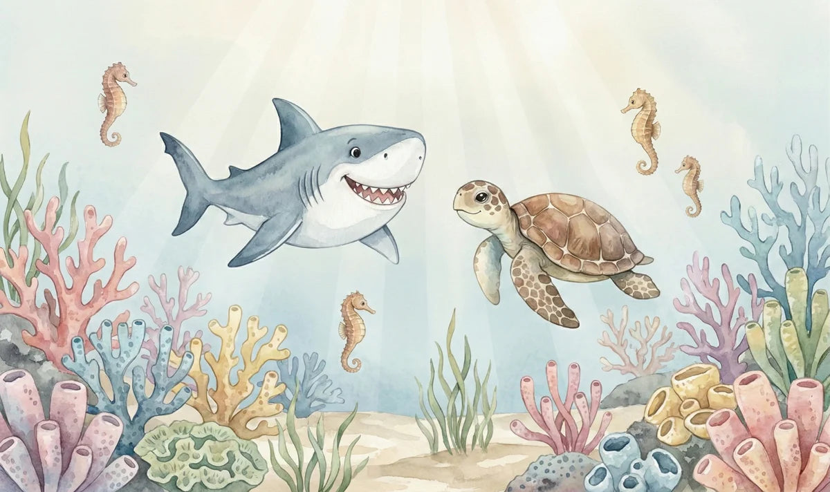 Friendly Shark and Turtle Underwater Mural Wallpaper — Watercolor Mural Wallpaper - room preview 04