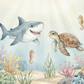 Friendly Shark and Turtle Underwater Mural Wallpaper — Watercolor Mural Wallpaper - room preview 04