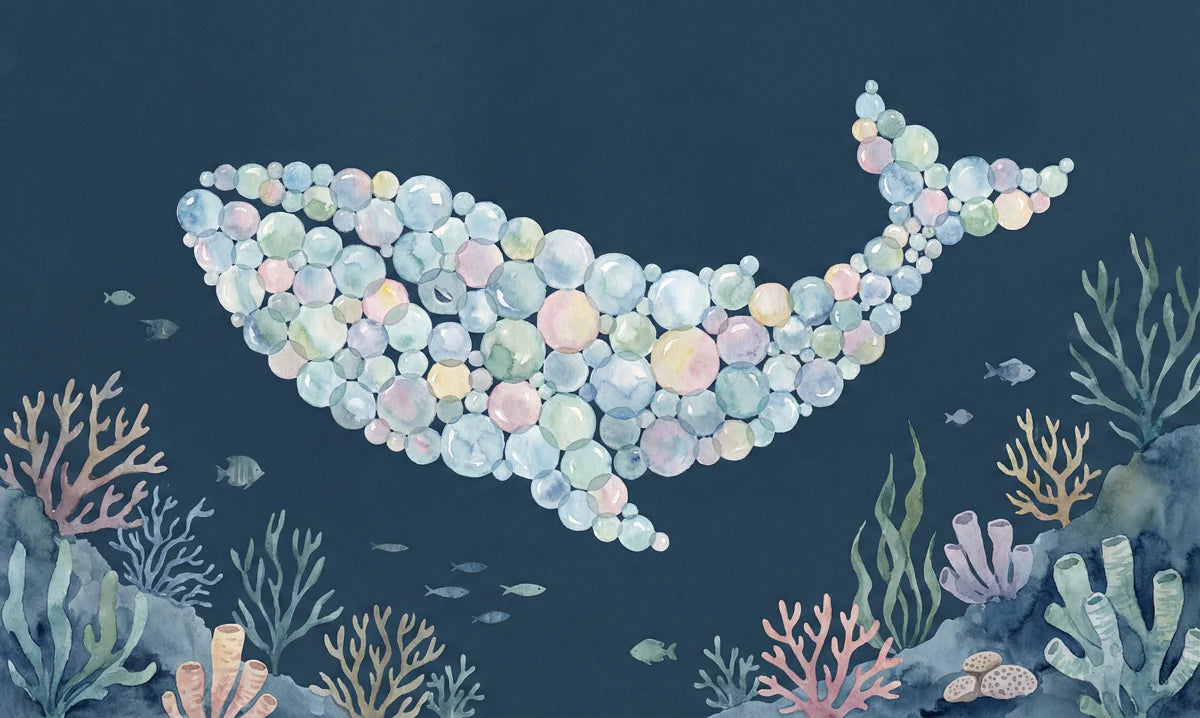 Watercolor Bubble Whale Mural Wallpaper — Coastal Marine Art Mural Wallpaper - room preview 04