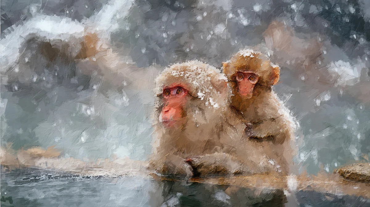 Snow Monkey Impressionist Mural Wallpaper — Soft Winter Art Mural Wallpaper - room preview 04