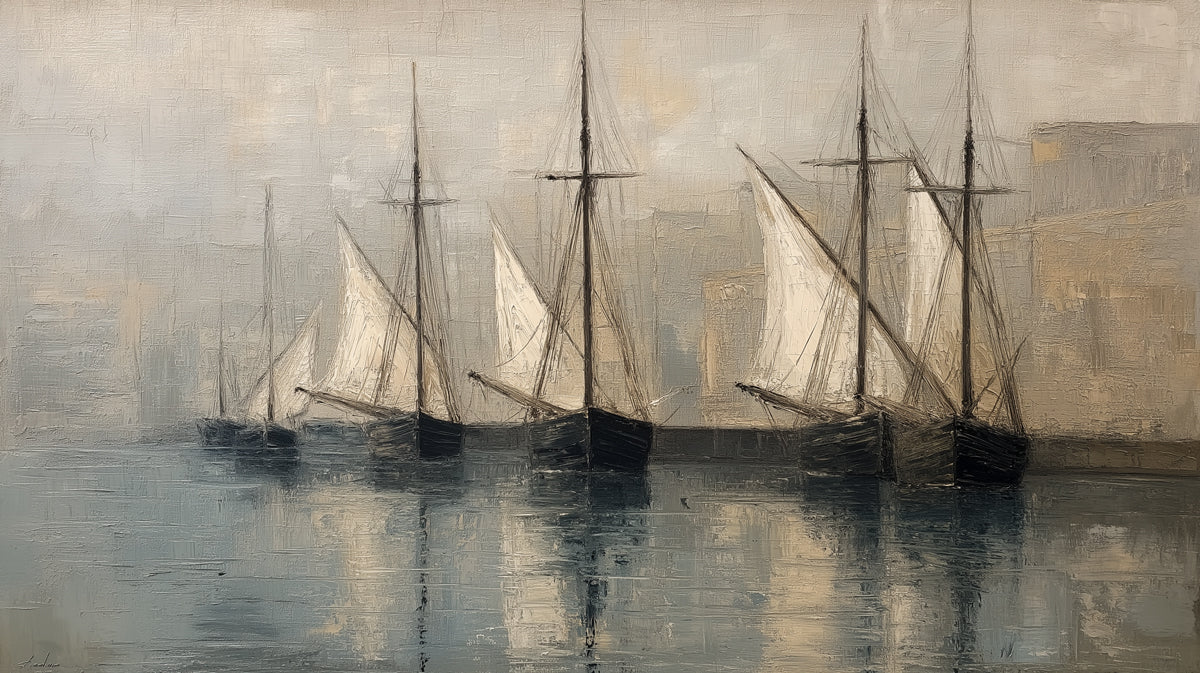 Vintage Harbor Fishing Boats Mural Wallpaper —Oil Painting Style Mural Wallpaper - room preview 04