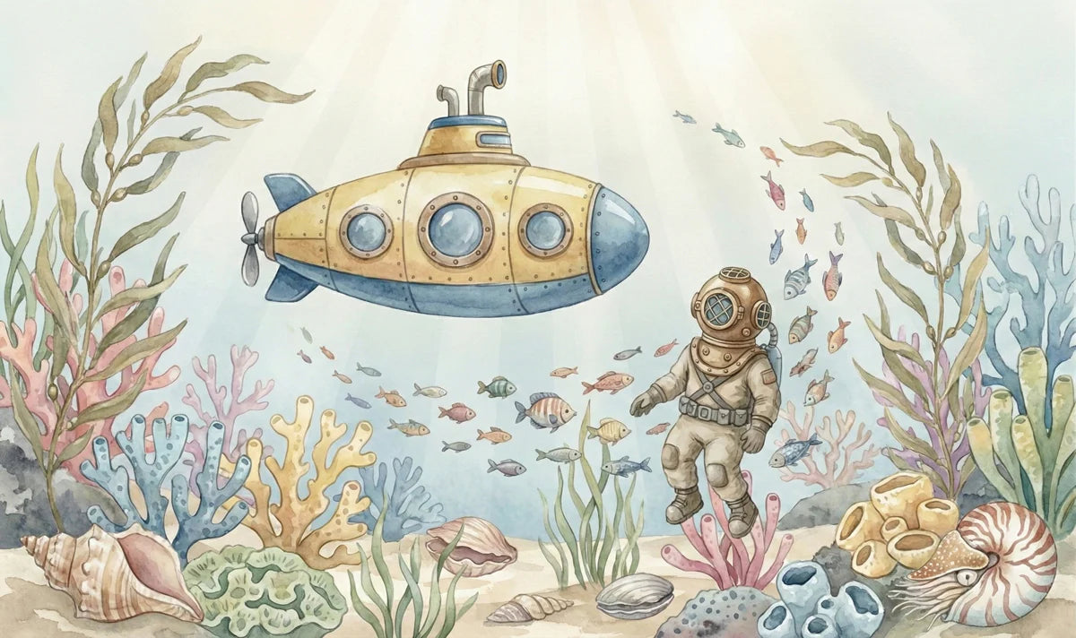 Underwater Exploration Mural Wallpaper — Vintage Deep Sea Design Mural Wallpaper - room preview 04