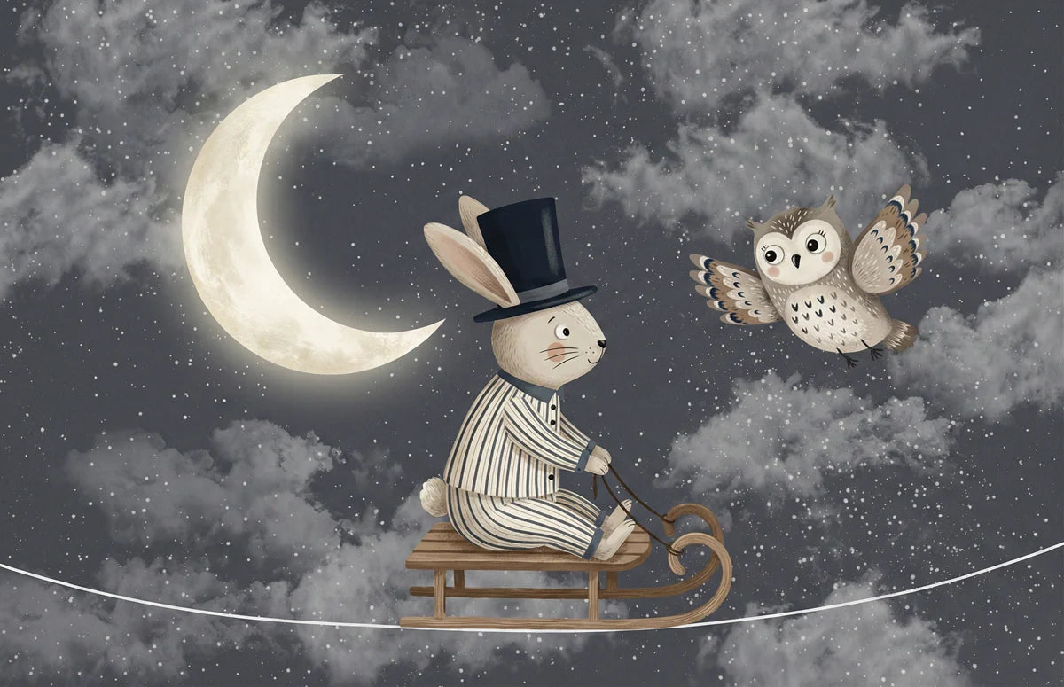 Starry Bunny and Owl Night Sky Mural Wallpaper — Whimsical Decor Mural Wallpaper - room preview 04