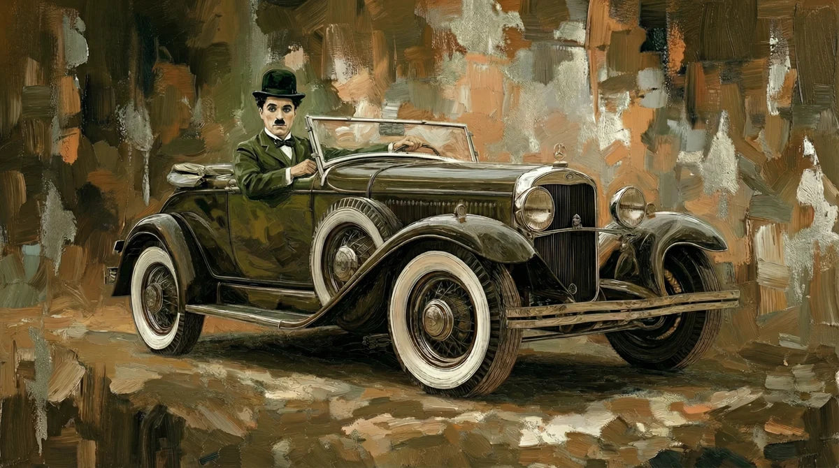 Charlie Chaplin Classic Car Mural Wallpaper — Vintage Cinematic Art Mural Wallpaper - room preview 04