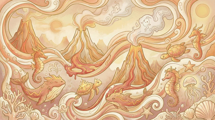 Sea Wallpaper Mural – Ocean Wall Mural – Volcanic Ocean Fantasy — Whimsical Coastal Art printable artwork