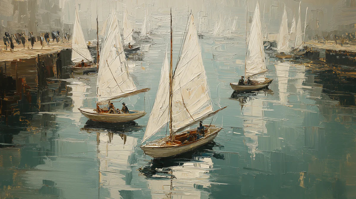 Impressionist Harbor Sailboat Mural Wallpaper — Artistic Marine View Mural Wallpaper - room preview 04