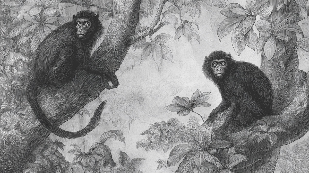 Vintage Jungle Monkey Mural Wallpaper —Etched Botanical Style Mural Wallpaper - room preview 04