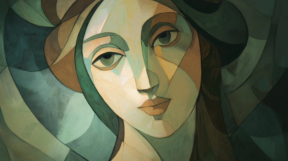 Cubist Portrait Mural Wallpaper — Artistic Green & Earth Tones Mural Wallpaper - room preview 04
