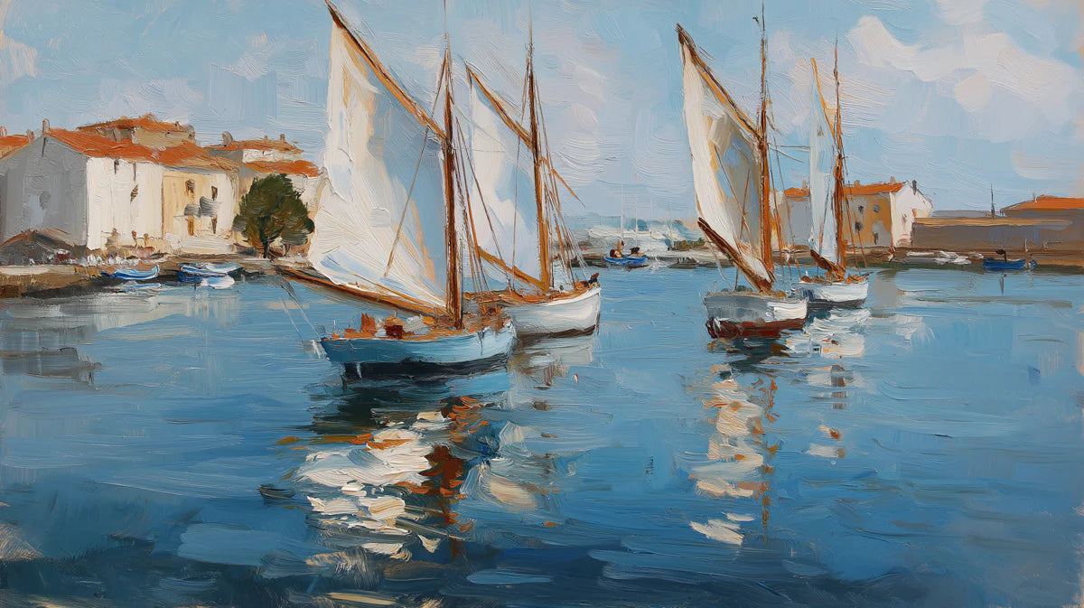 Mediterranean Sailboat Harbor Mural Wallpaper — Impressionist Art Mural Wallpaper - room preview 04