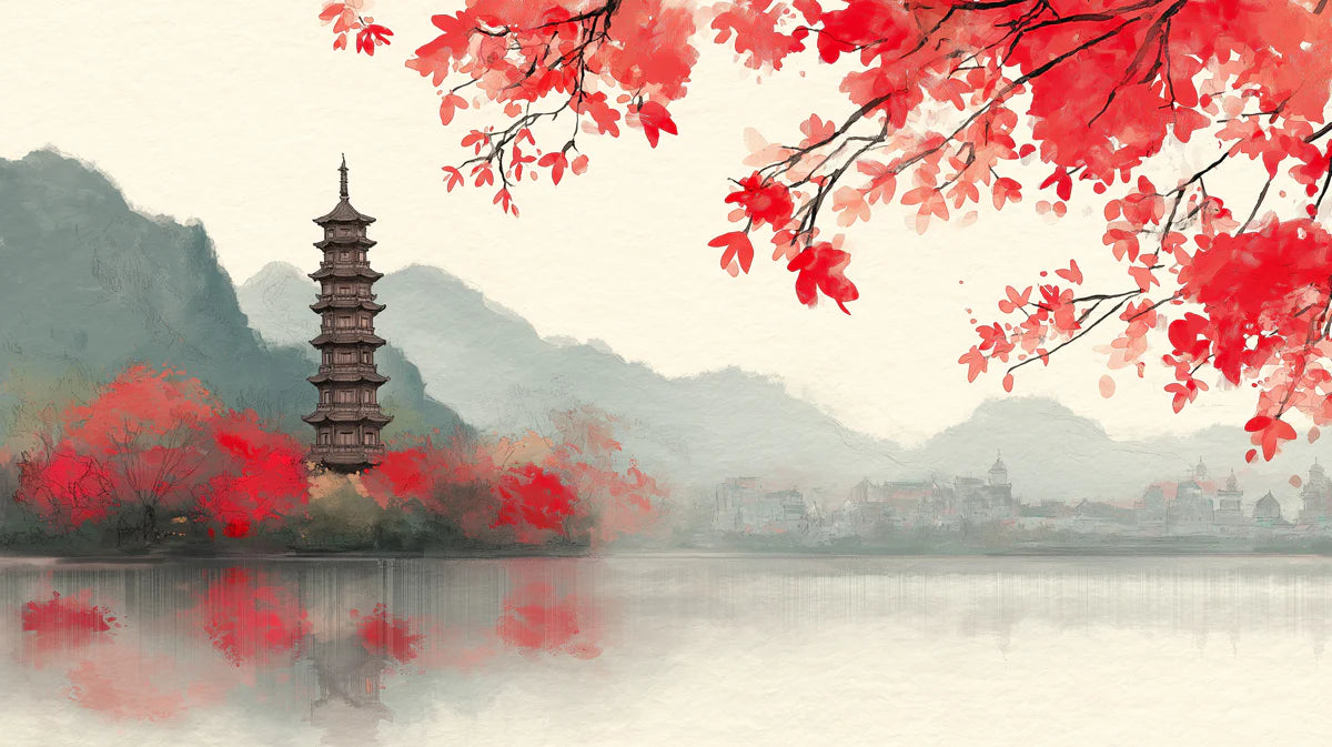 Traditional Chinese Pagoda & Maple Mural Wallpaper — Artistic View Mural Wallpaper - room preview 04