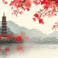 Traditional Chinese Pagoda & Maple Mural Wallpaper — Artistic View Mural Wallpaper - room preview 04