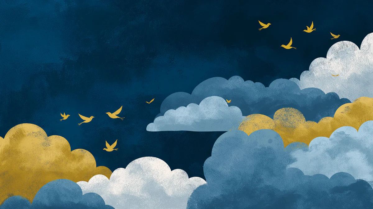 Indigo Skies & Golden Birds Mural Wallpaper — Whimsical Dreamscape Mural Wallpaper - room preview 04