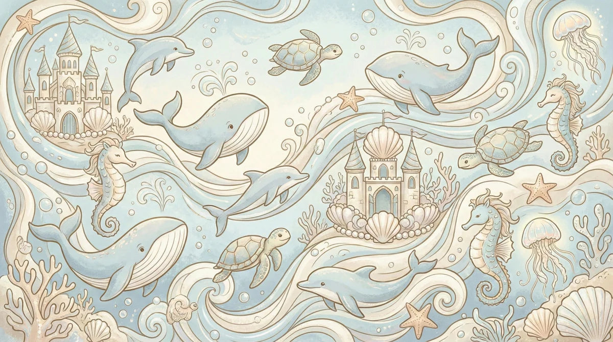 Underwater Kingdom Whimsical Mural Wallpaper — Soft Aquatic Scene Mural Wallpaper - room preview 04