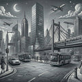 Metropolitan Nightscape Mural Wallpaper —Ink Sketch Illustration Mural Wallpaper - room preview 04