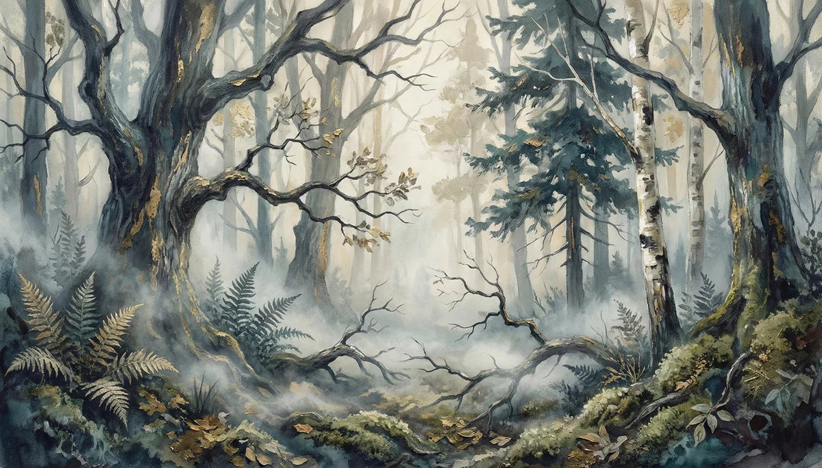 Mist-Veiled Ancient Forest Mural Wallpaper — Moody Watercolor Art Mural Wallpaper - room preview 04