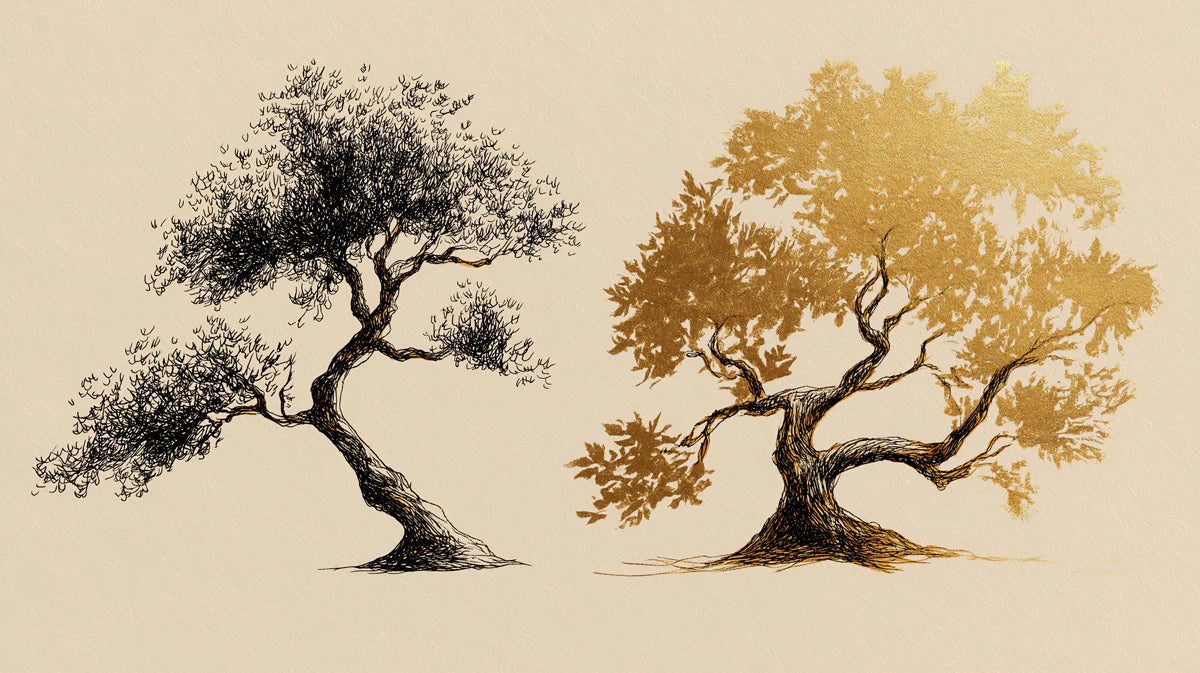 Dual Ink and Gold Tree Art Mural Wallpaper — Sophisticated Contrast Mural Wallpaper - room preview 04
