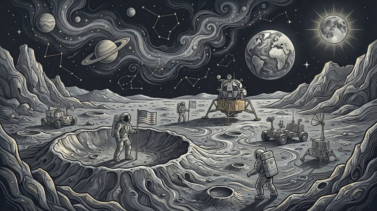 Lunar Exploration Mural Wallpaper —Vintage Space Sketch Style Mural Wallpaper - room preview 04