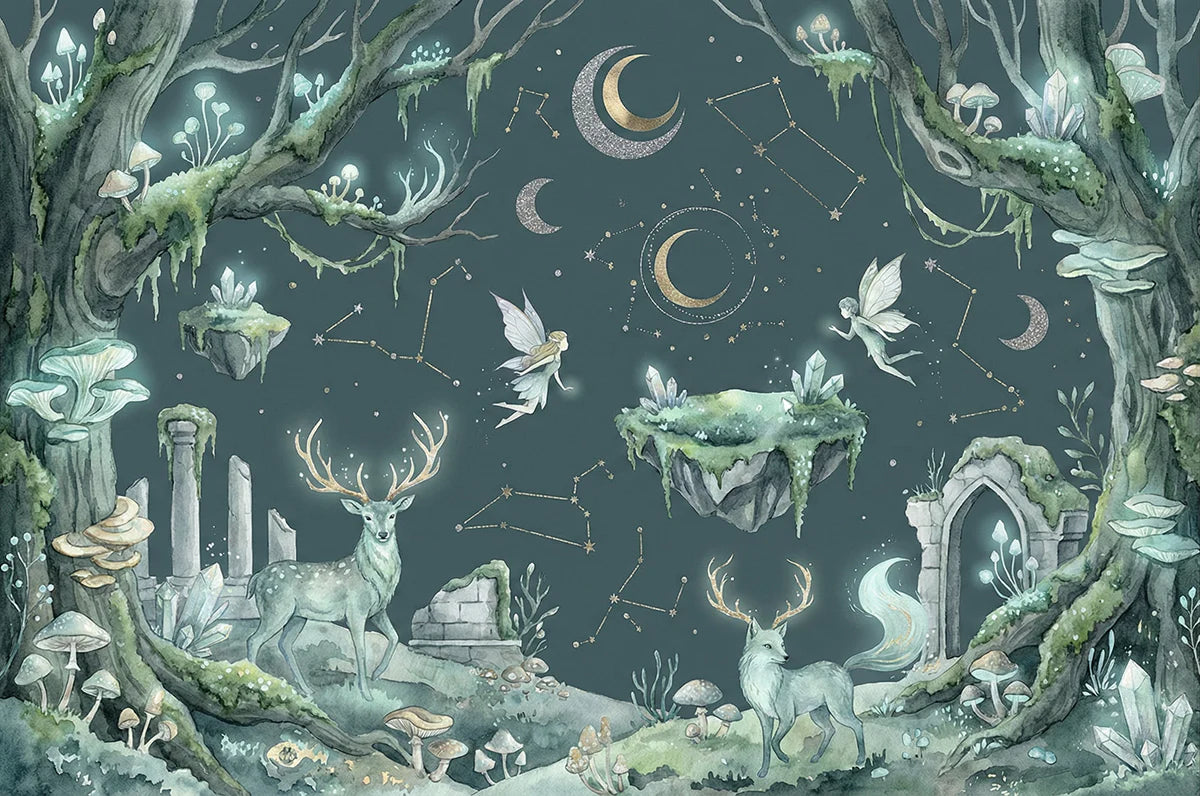 Mystical Midnight Forest Mural Wallpaper with Fairies and Deer Mural Wallpaper - room preview 04
