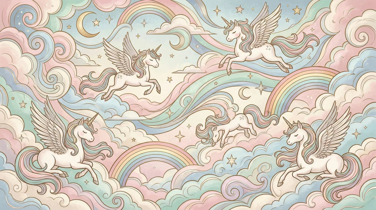Winged Unicorns and Pastel Rainbows Mural Wallpaper — Whimsical Decor Mural Wallpaper - room preview 04