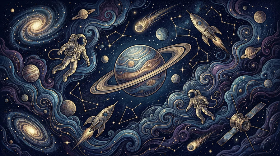 Galaxy Wallpaper Mural – Space Wall Mural – Cosmic Voyager — Whimsical Space Illustration printable artwork